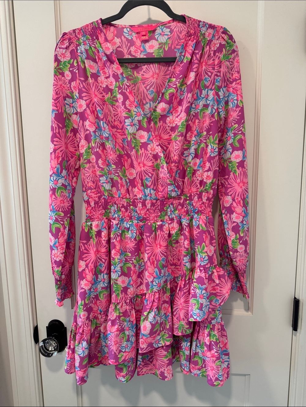 Lilly Pulitzer Hot Pink Floral Long Sleeve Ruffle Dress